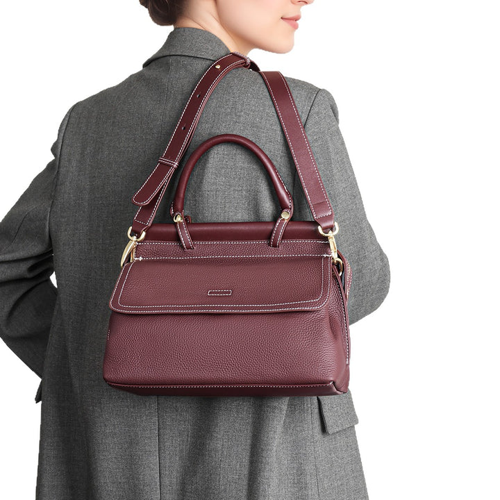 Top-Handle Pebbled Leather Satchel with Contrast Stitching