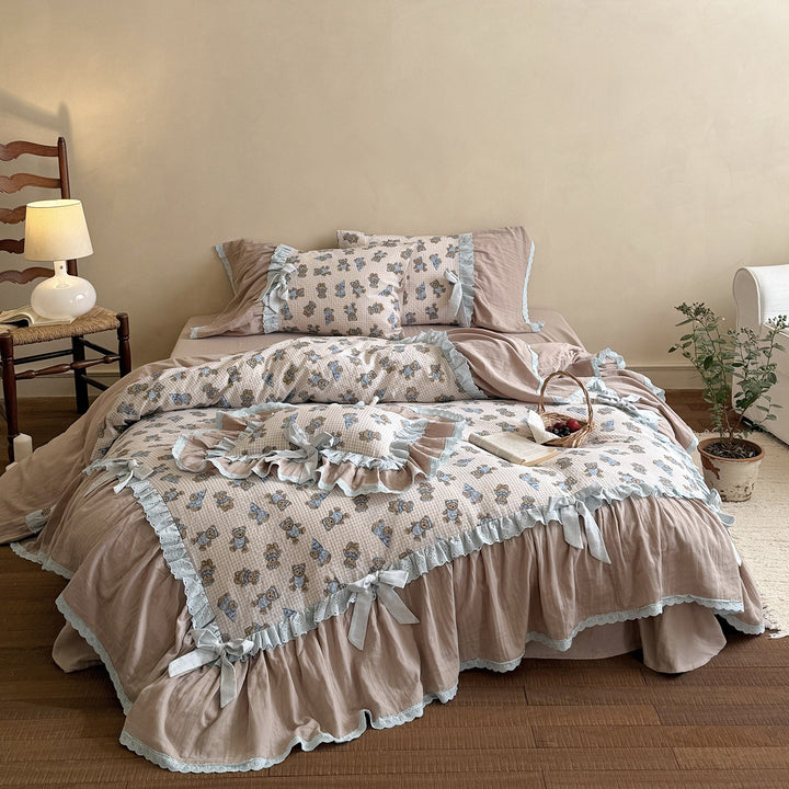 Ruffled Cotton Quilted Duvet Cover Set with Teddy Bear Print and Lace Trim