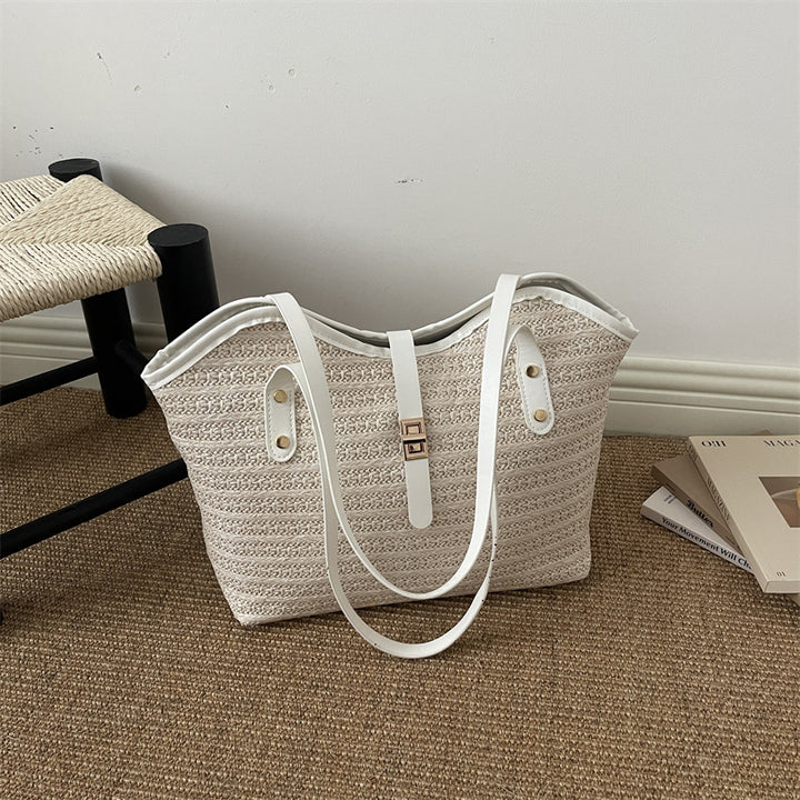 Woven Straw Tote Bag with Leather Accents