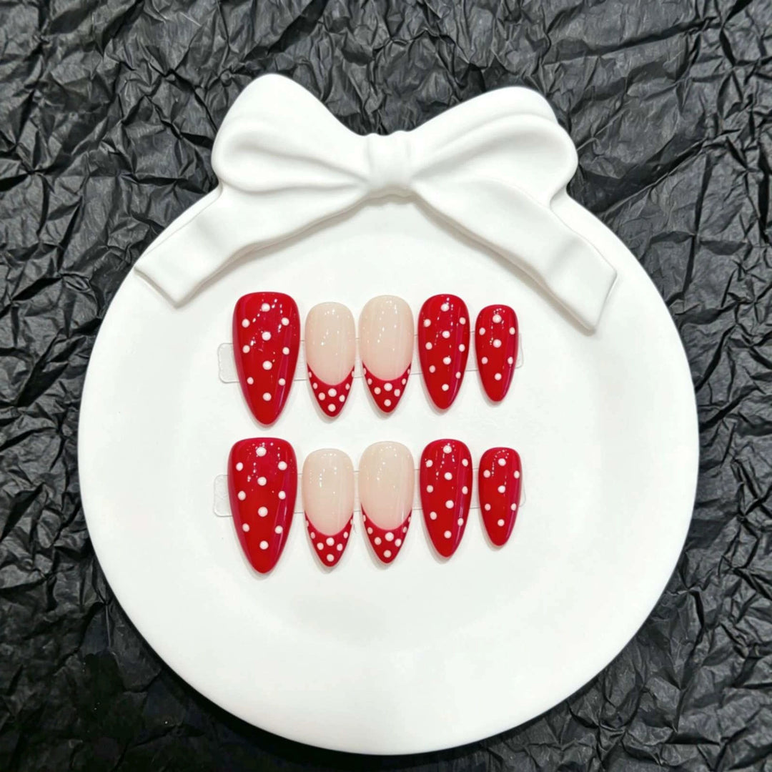 Playful Press-On Nail Art Set with Dotted Red Design
