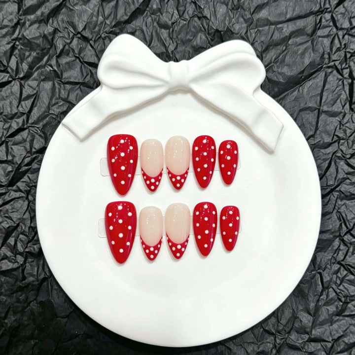 Playful Press-On Nail Art Set with Dotted Red Design