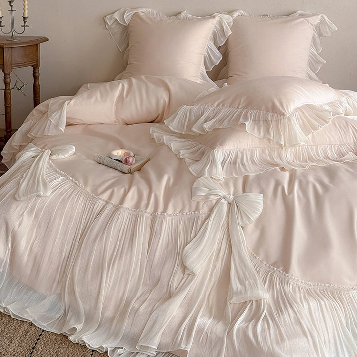 Romantic Ruffled Pleated Duvet Cover Ensemble with Bow-Tie Skirt & Oxford Shams