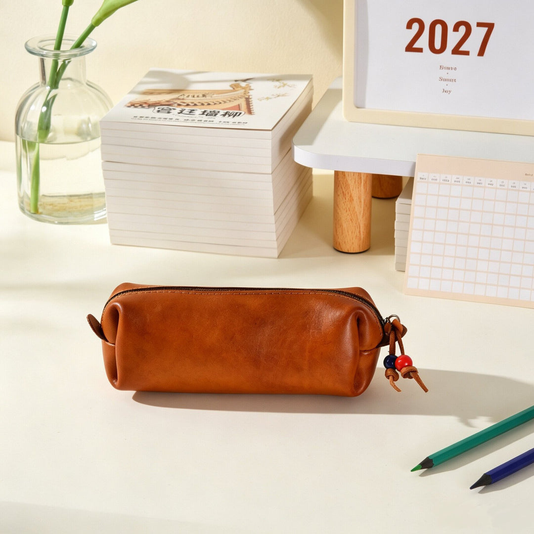 Durable Zippered Leather Pencil Case