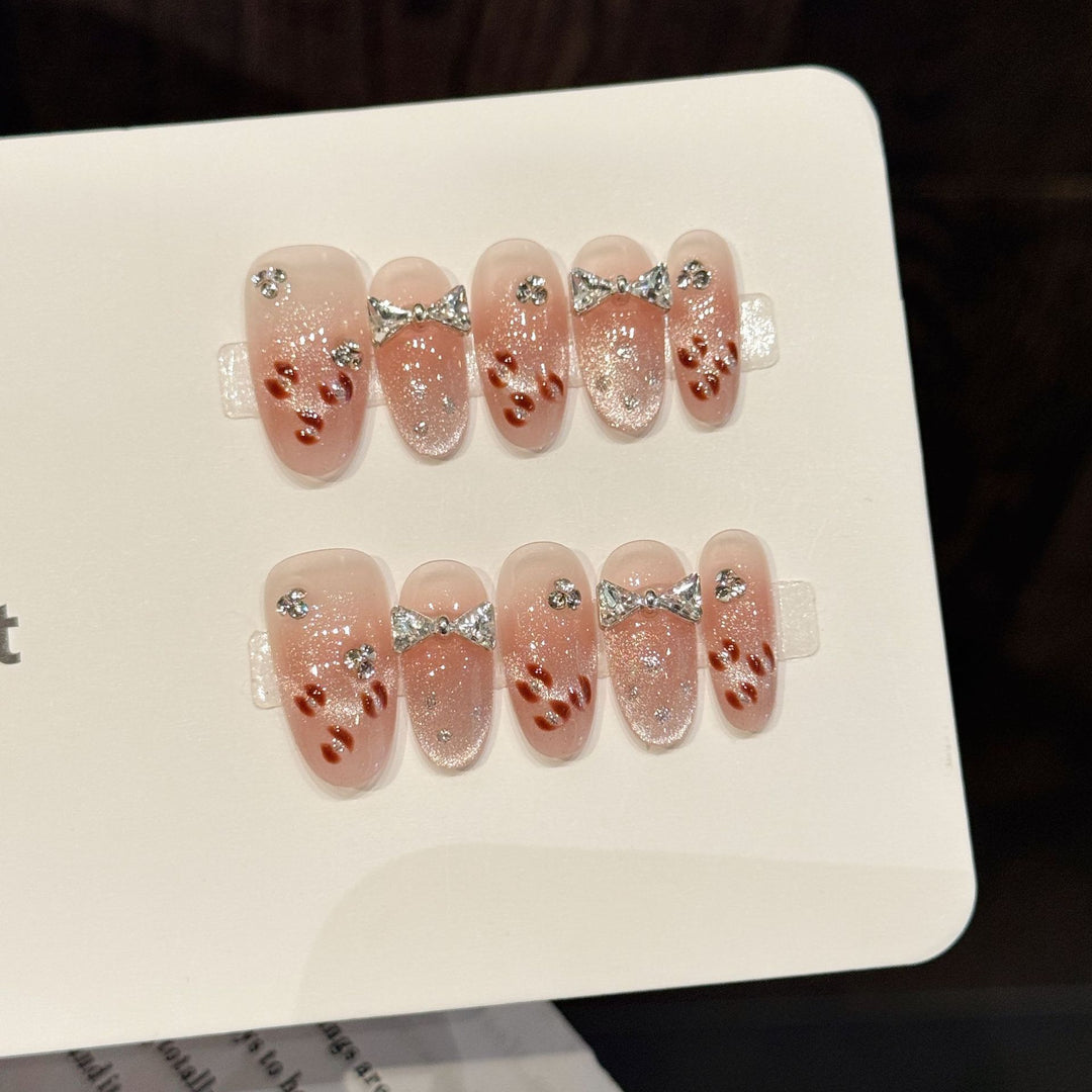Decorative Press-On Nail Art Set with Glittering Bow Accents