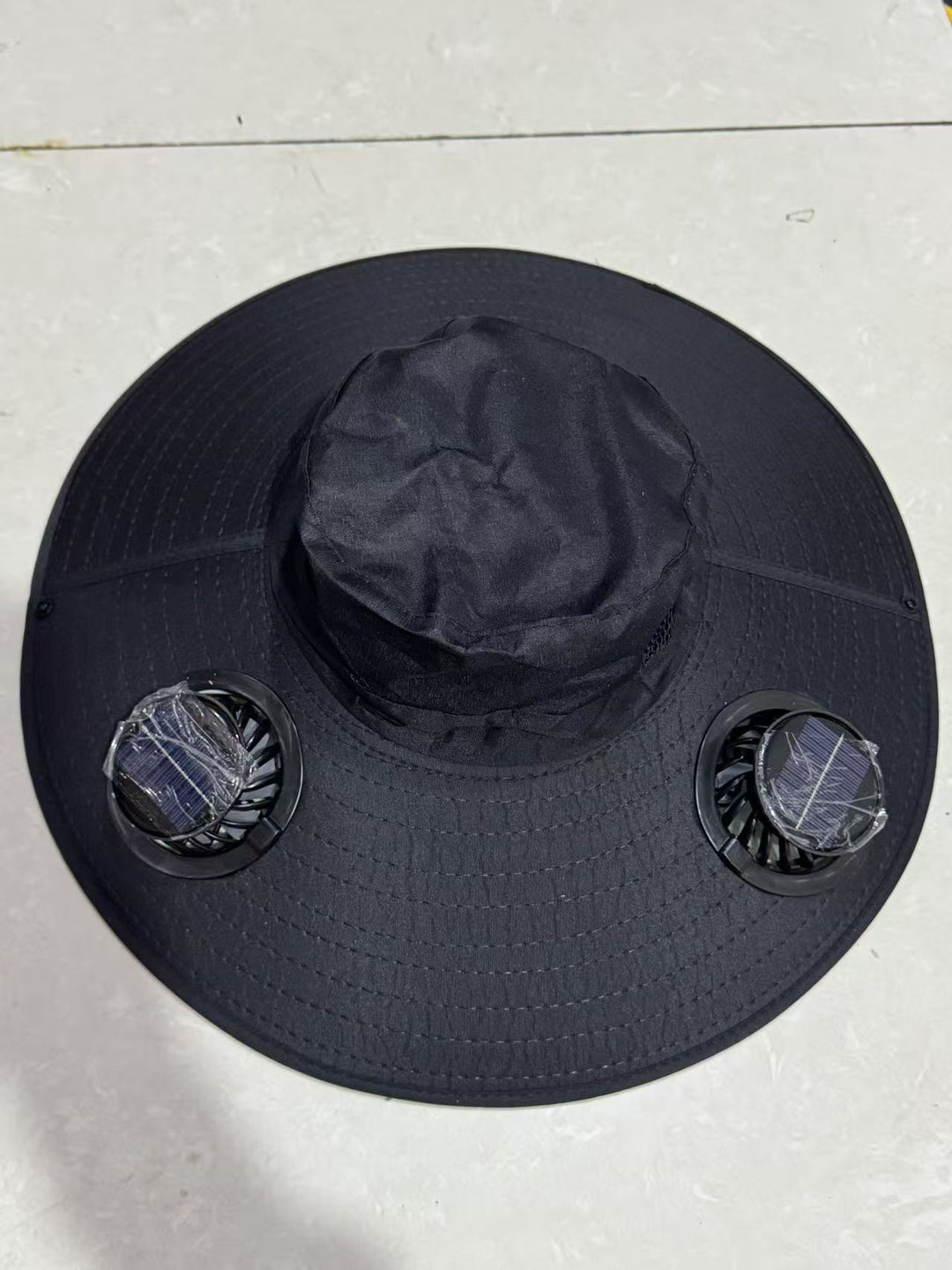 Ventilated sun hat with integrated battery fans, breathable mesh inserts, and adjustable chin strap Stornfield
