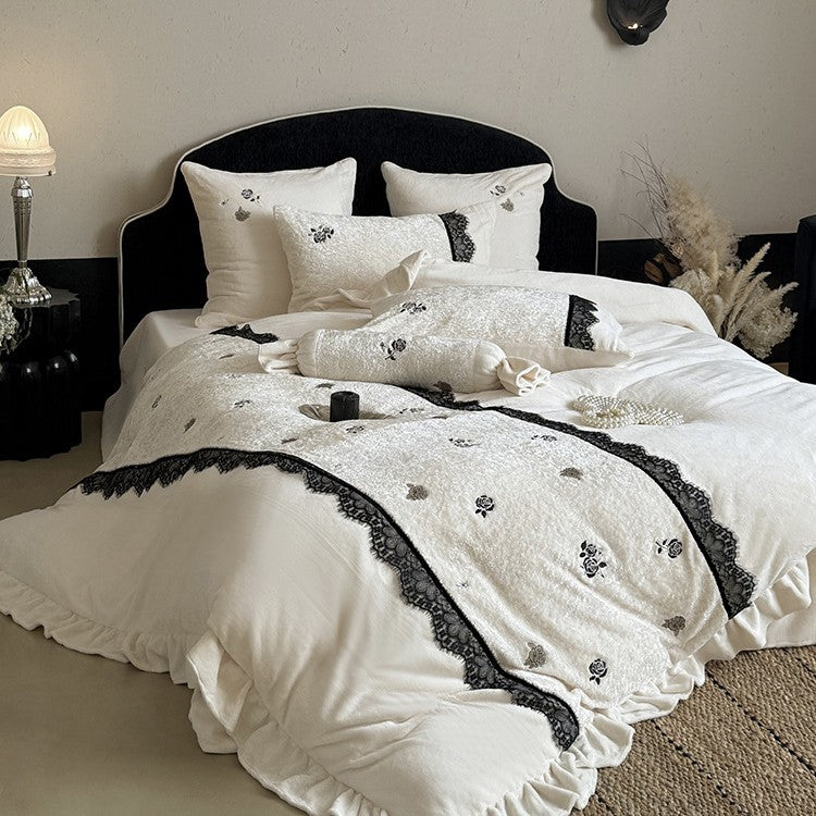 Embroidered Ruffled Duvet Cover Set with Black Lace Trim
