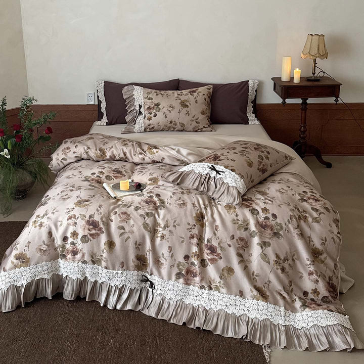 Satin Floral Ruffled Duvet Cover Set with Lace Trim and Pillow Shams
