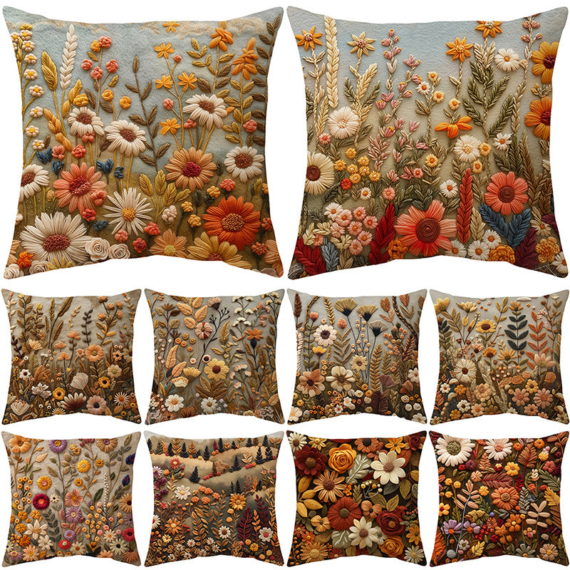 Embroidered Wildflower Raised-Texture Square Throw Pillow Cover