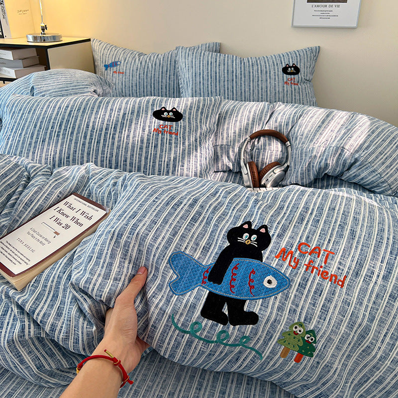 Embroidered Cotton-Blend Stripe Duvet Cover Set with Playful Cat & Fish Appliqué