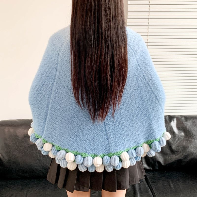 Poncho with Colorful Pom Pom Trim Stornfield