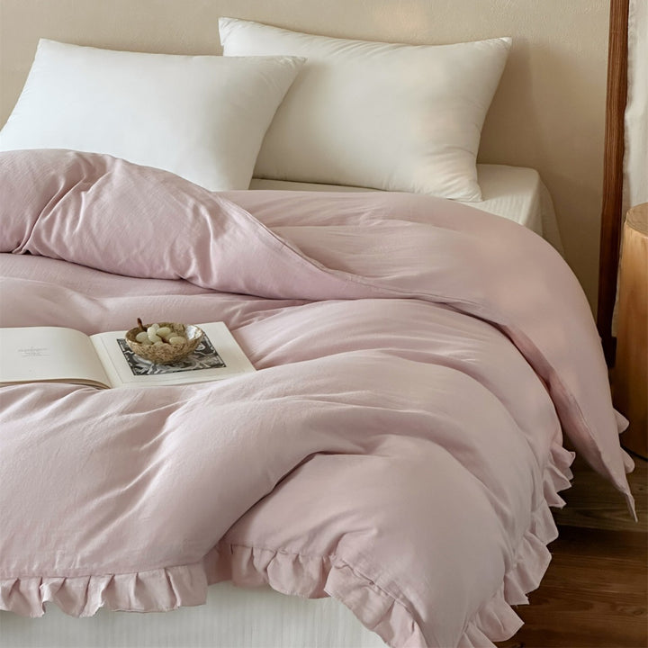 Washed Soft-Touch Ruffled-Hem Cotton-Linen Blend Duvet Cover Set with Hidden Corner Ties