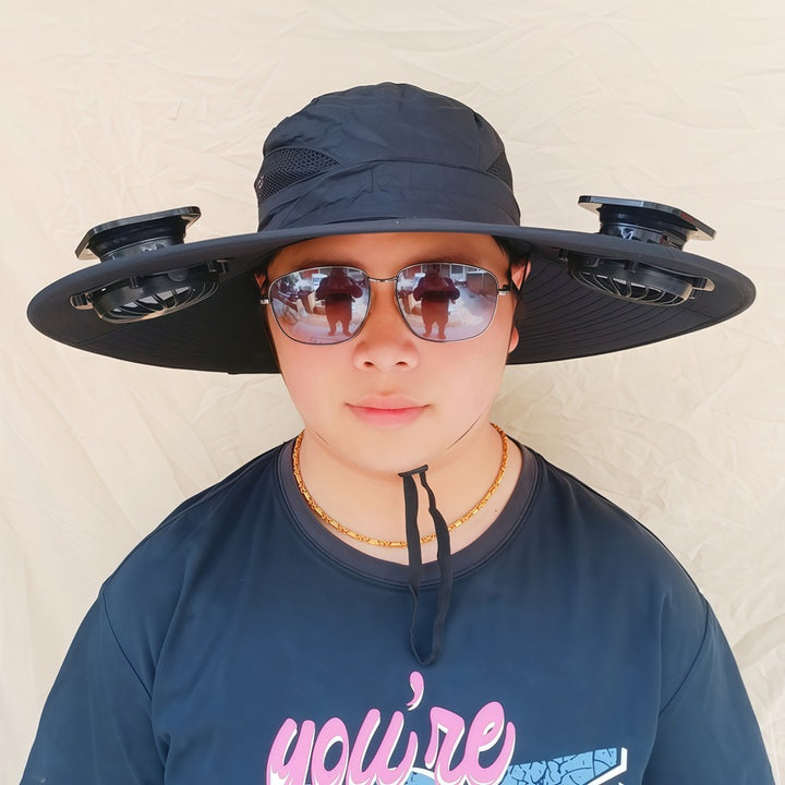 Wide-brimmed sun hat with detachable swivel solar fans and adjustable chin strap Stornfield