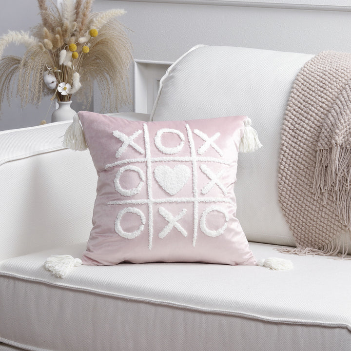 Plush Heart Appliqué Tassel Corner Decorative Throw Pillow Cover