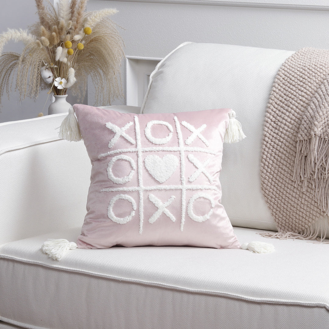 Square Decorative Pillow Cover with Fuzzy Heart Appliqué and Tassel Corners