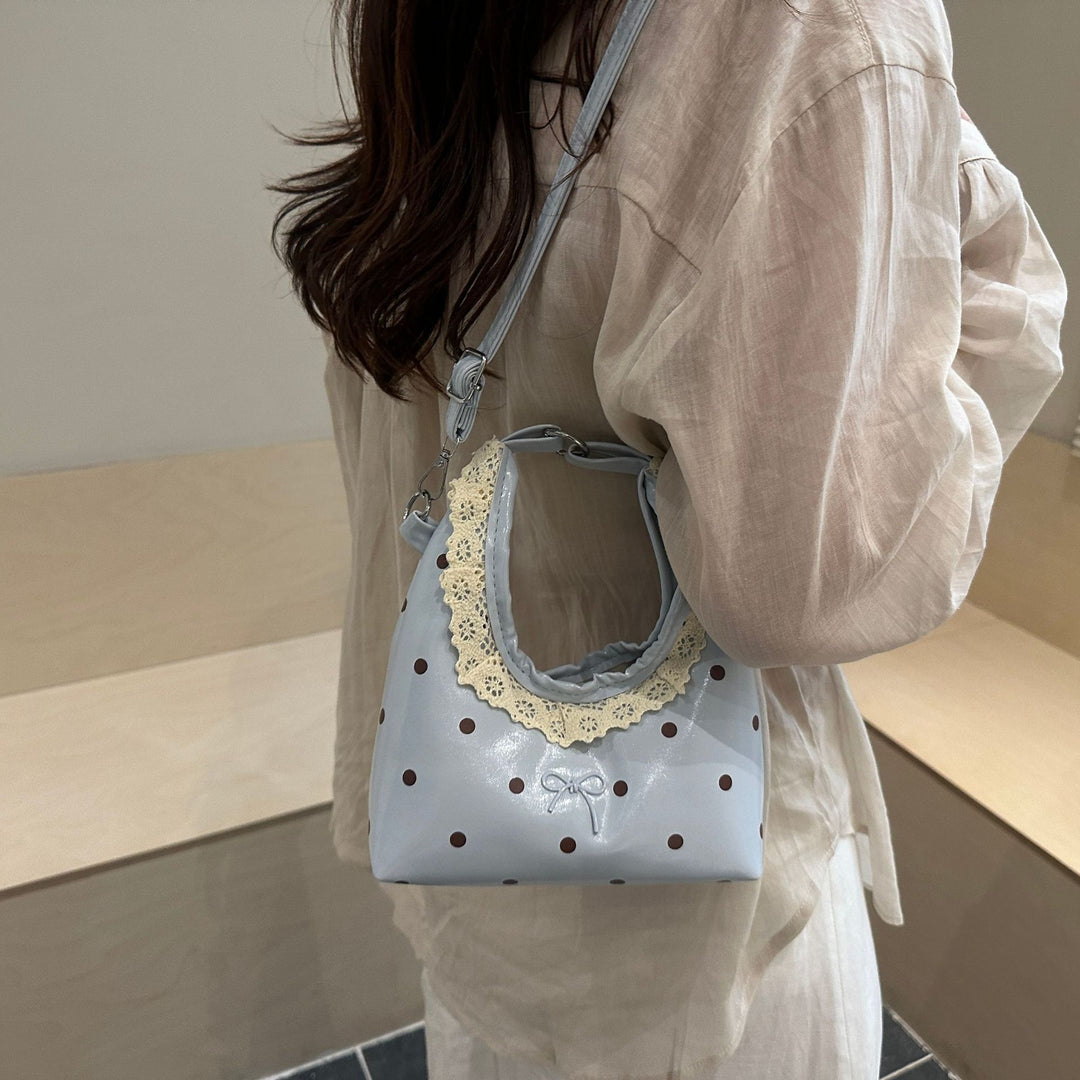 Stylish Polka Dot Crossbody Handbag with Lace Trim