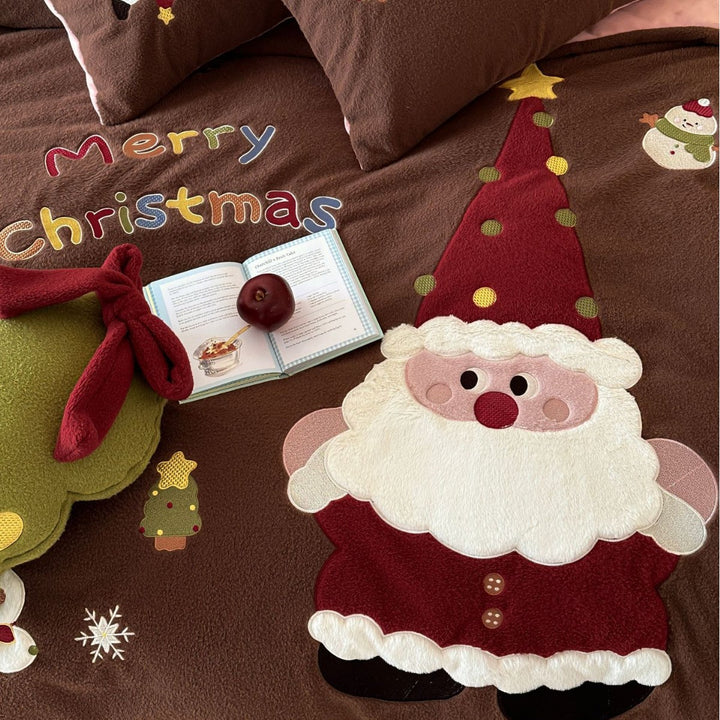 Christmas Plush Appliqué Fleece Duvet Cover Set with Reversible Lining