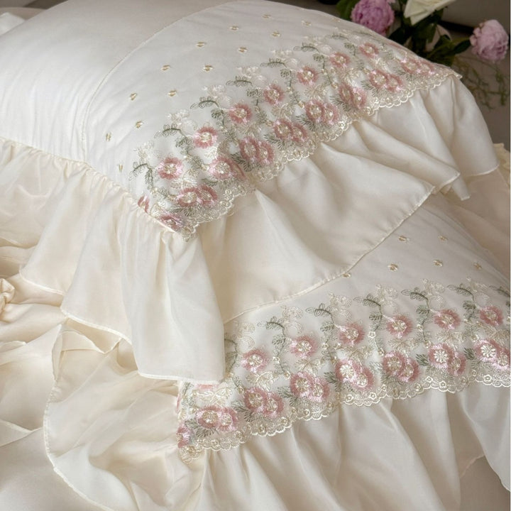 Ruffled Satin-Effect Embroidered Duvet Cover Set with Lace Trim