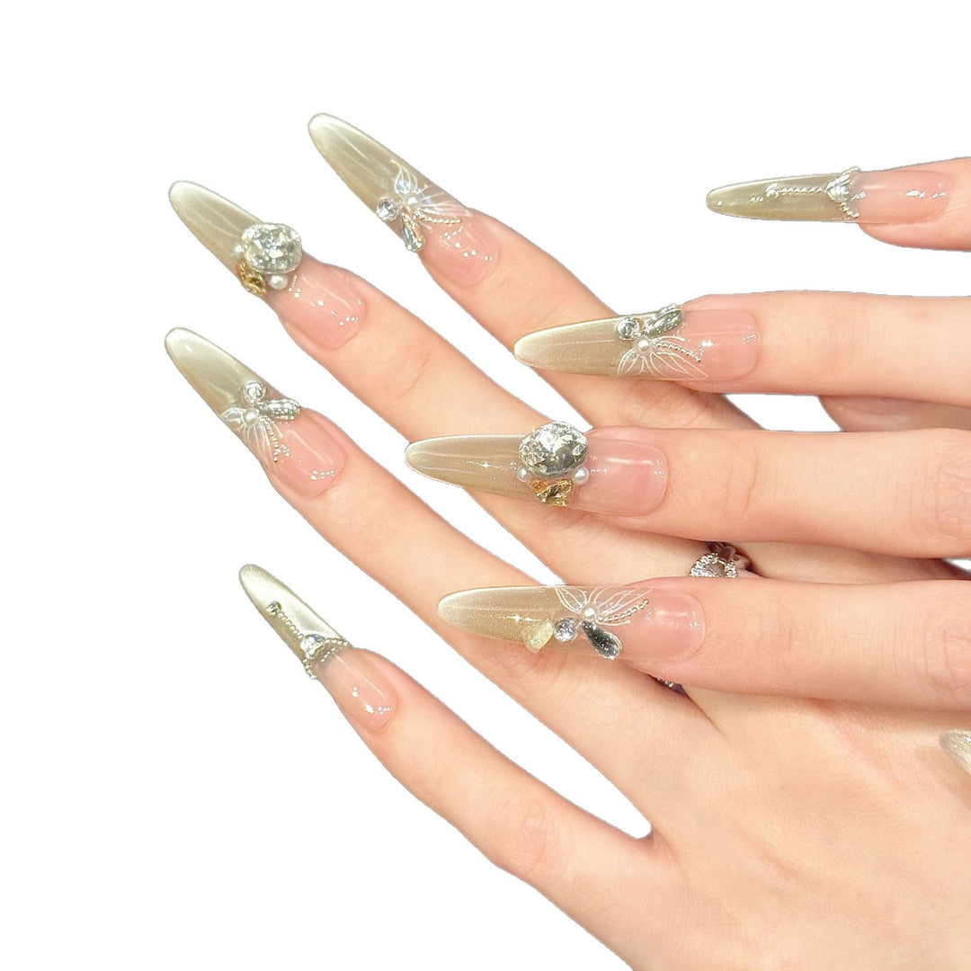 Stylish Stiletto Press-On Nails with Glittering Gem Accents
