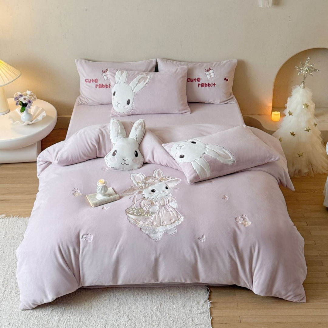 Children's Plush Bunny Appliqué Duvet Cover Bedding Set