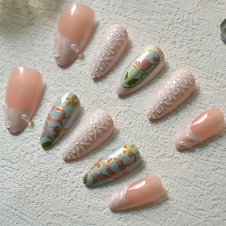 Artistic Floral and Gemstone Press-On Nail Set Stornfield