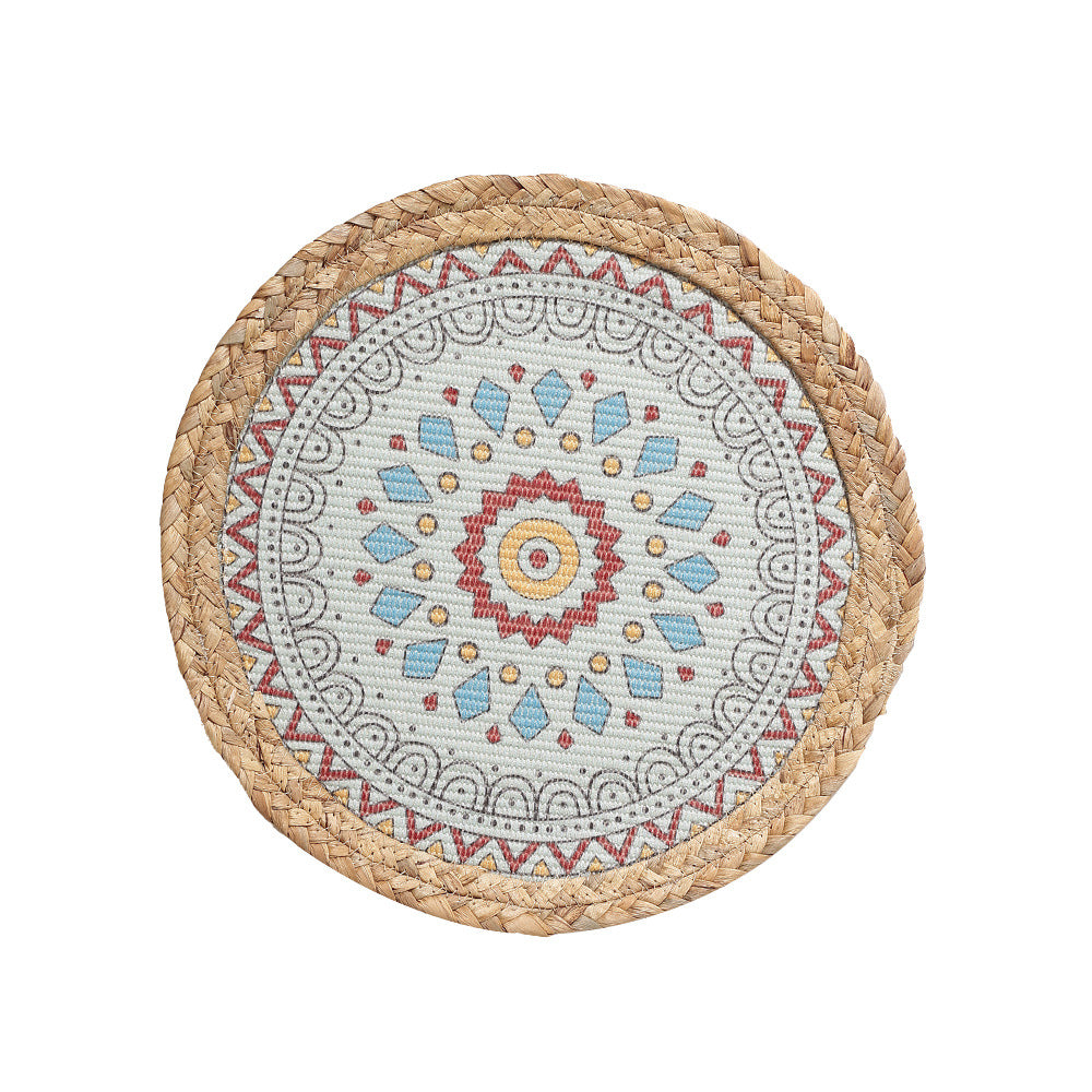Beef seat pouf with mandala print, woven surface and braided jute edge
