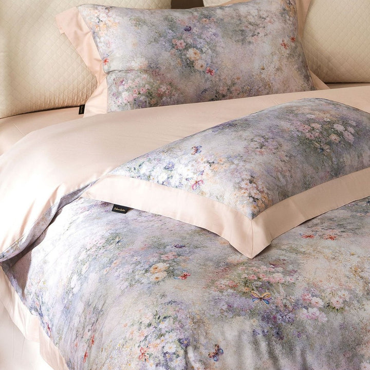 Floral Watercolor Cotton Sateen Duvet Cover Set with Contrast Hem