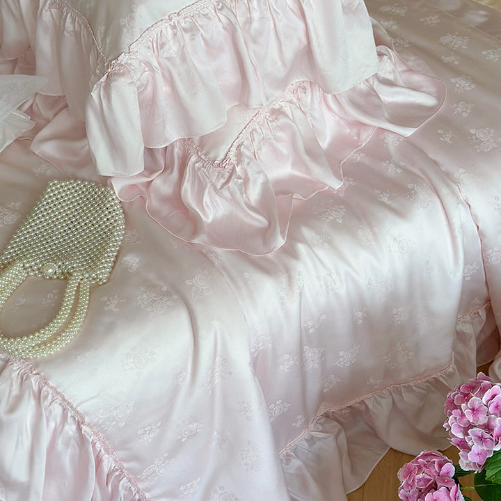 Elegant satin bedding set with jacquard floral pattern and ruffles