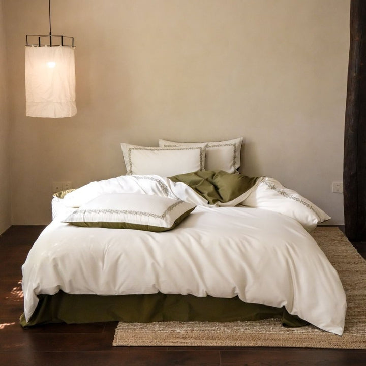 Reversible Cotton Sateen Duvet Cover Set with Contrast Hem and Embroidered Border Pillow Shams