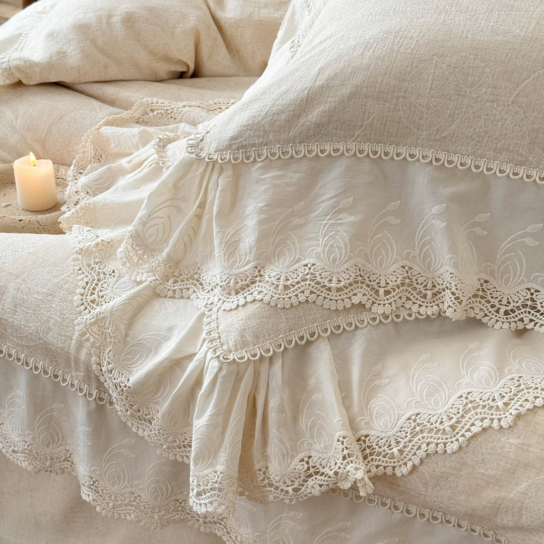 Linen-Feel Leaf-Print Duvet Cover Set with Embroidered Lace Flounce & Deep-Pocket Bedskirt