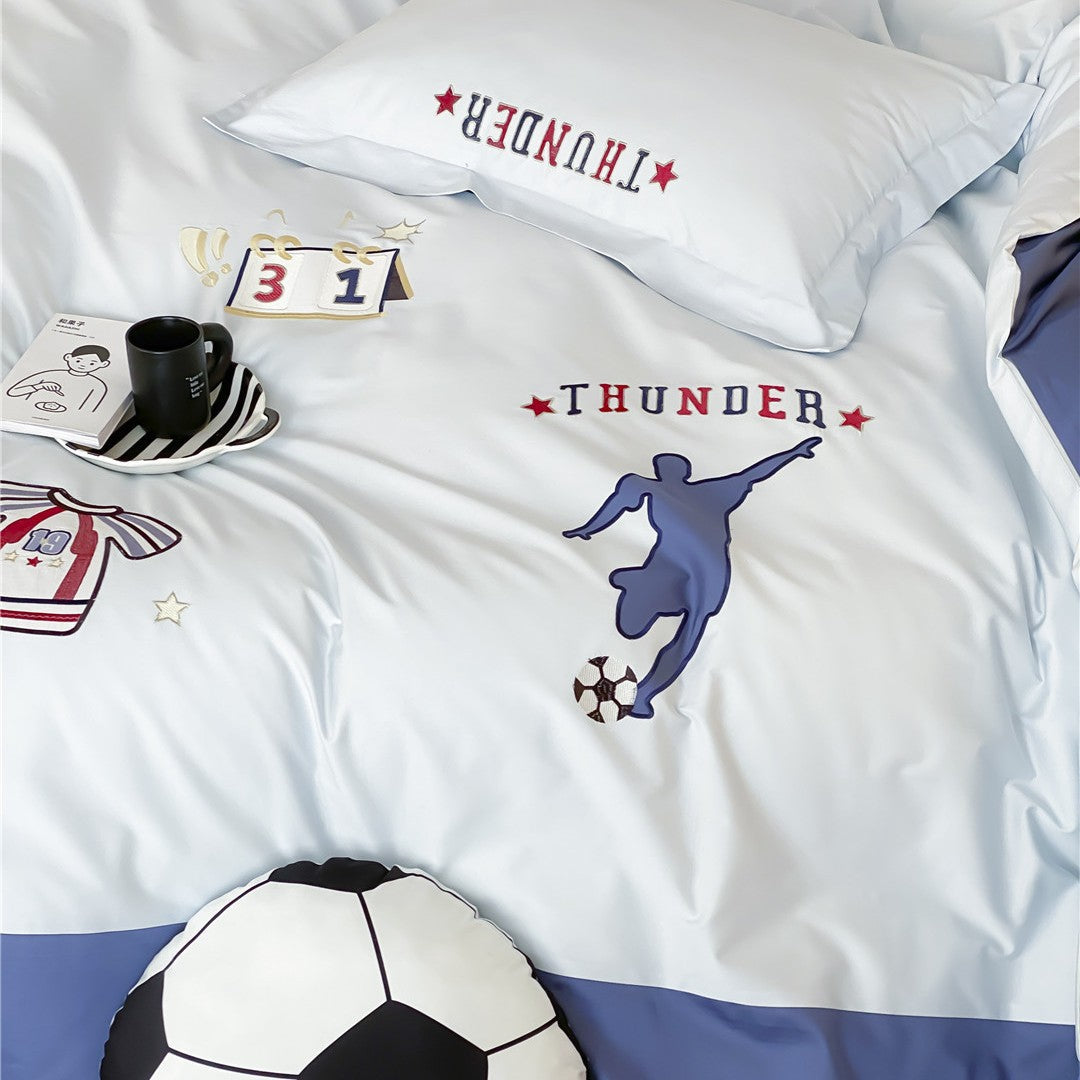 Soccer-Themed Cotton Sateen Duvet Cover Set with Embroidered Player Motif and Pillow Shams