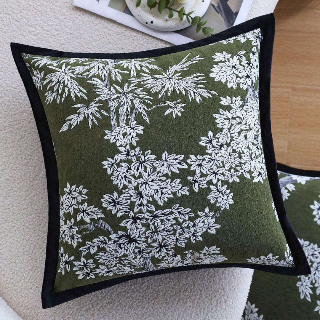 Square embroidered cushion cover made of cotton-linen blend with floral jacquard texture and velvet piping Stornfield