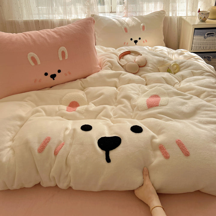 Plush Embroidered Kawaii Cat Comforter Set