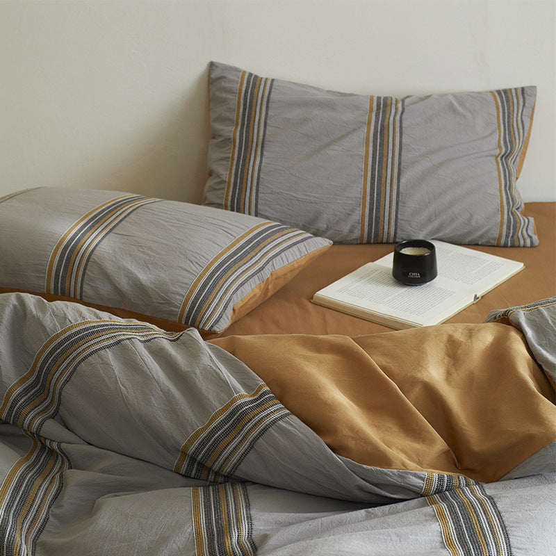 Embroidered Stripe Organic Cotton Duvet Cover Set with Pillow Shams