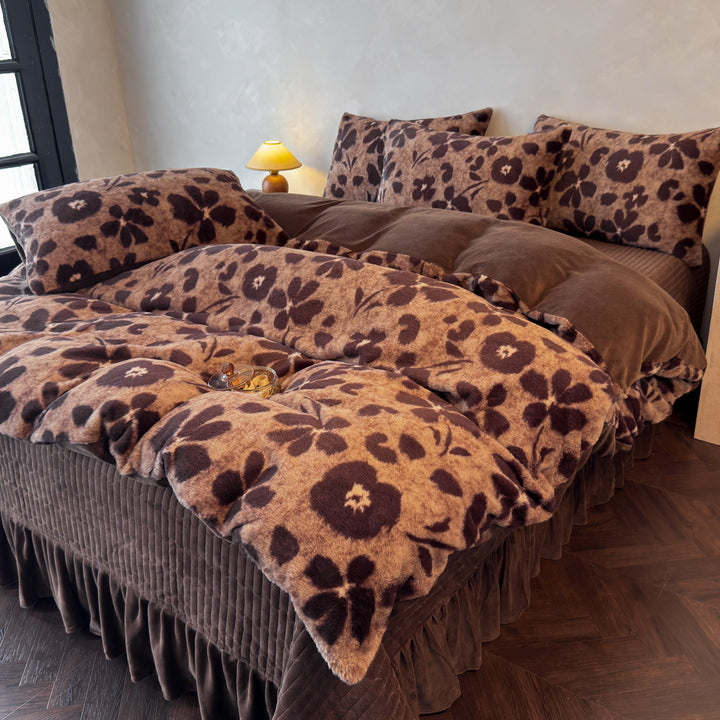 Plush Floral Flocked Reversible Duvet Comforter Set