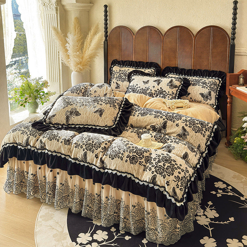 Opulentes quilted duvet cover set with velvet frill, embroidered ruffle, and bed ruffle