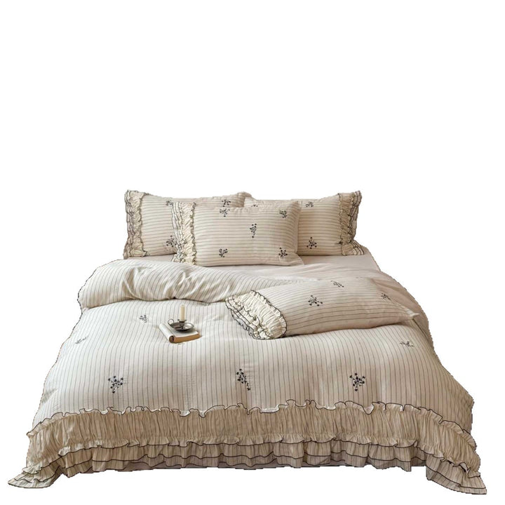 Romantic bedding set with ruffle, fine floral embroidery and pinstripes