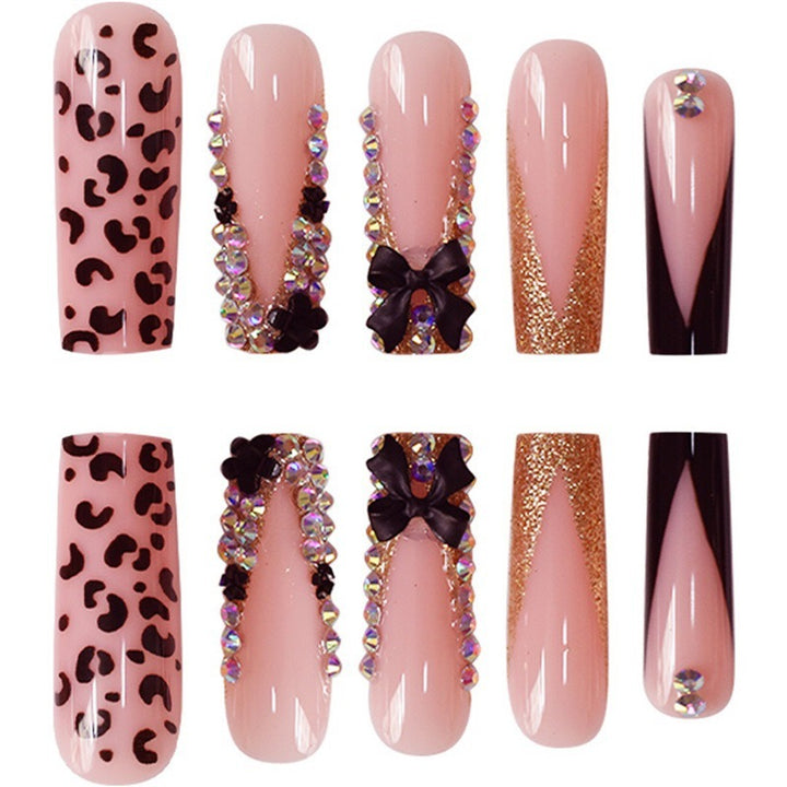 Glamorous Press-On Nail Art Set with Rhinestone and Leopard Accents Stornfield