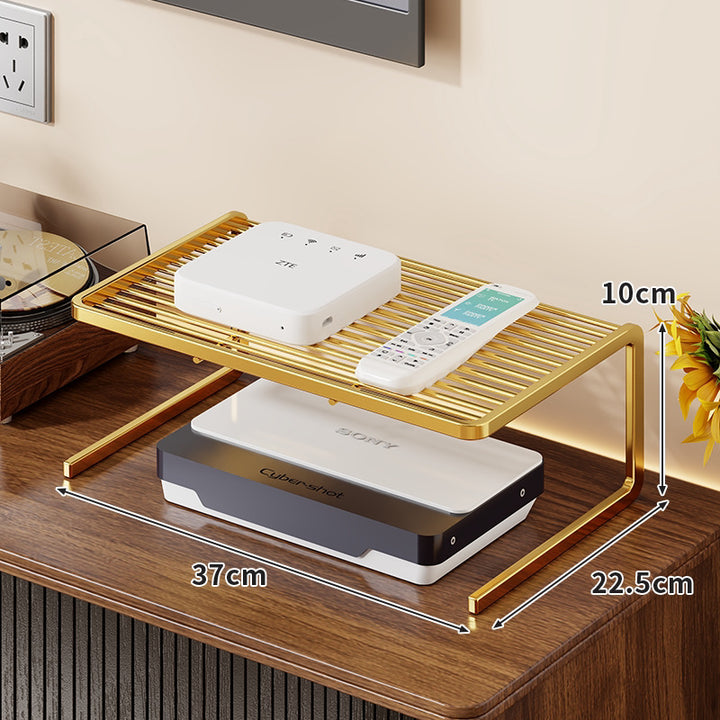 Two-Tier Ventilated Metal Electronics Organizer Shelf for Routers, Set-Top Boxes and Remotes