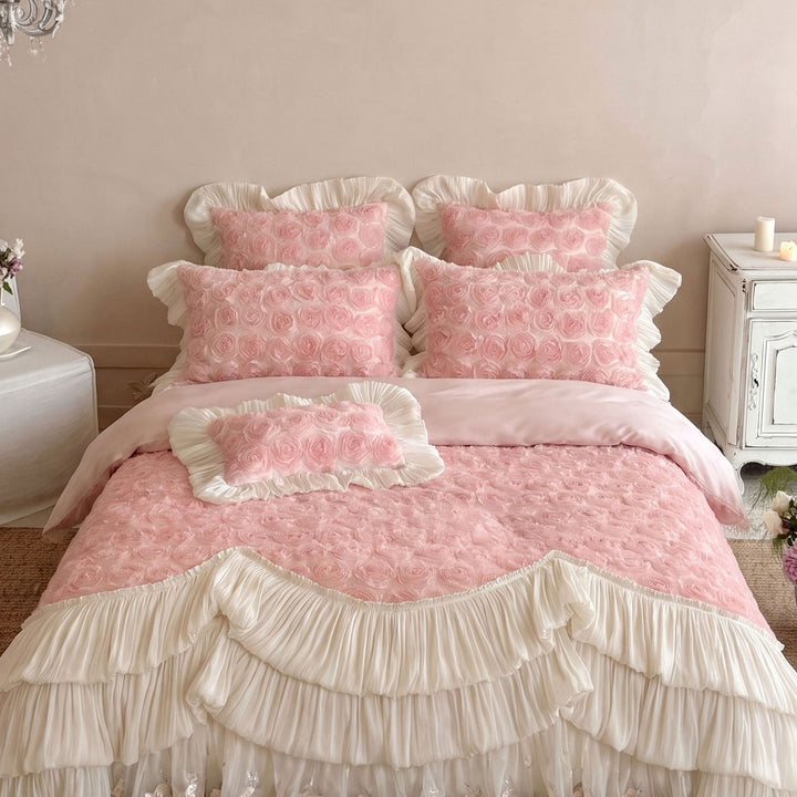 Ruffled Rosette Textured Duvet Cover Set with Pleated Layered Bed Skirt and Frilled Pillow Shams