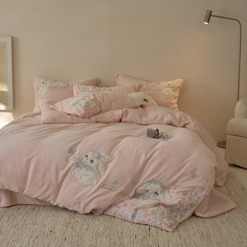 Embroidered Plush Bunny Cotton Duvet Cover Set with Quilted Pillow Shams