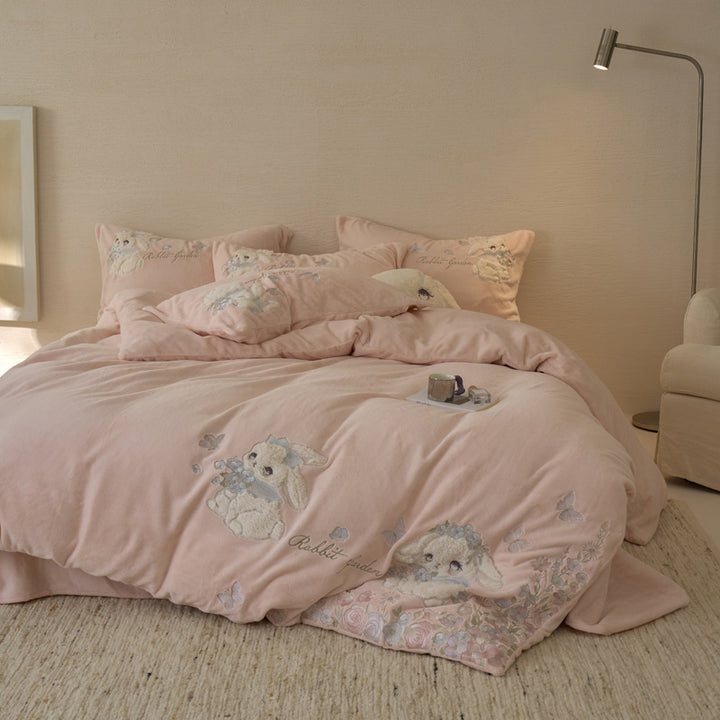 Embroidered Plush Bunny Cotton Duvet Cover Set with Quilted Pillow Shams
