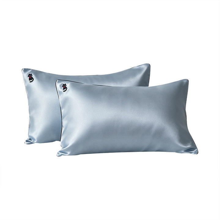 Silky Satin Pillowcase Pair with Contrasting Piping and Corner Cat Embroidery