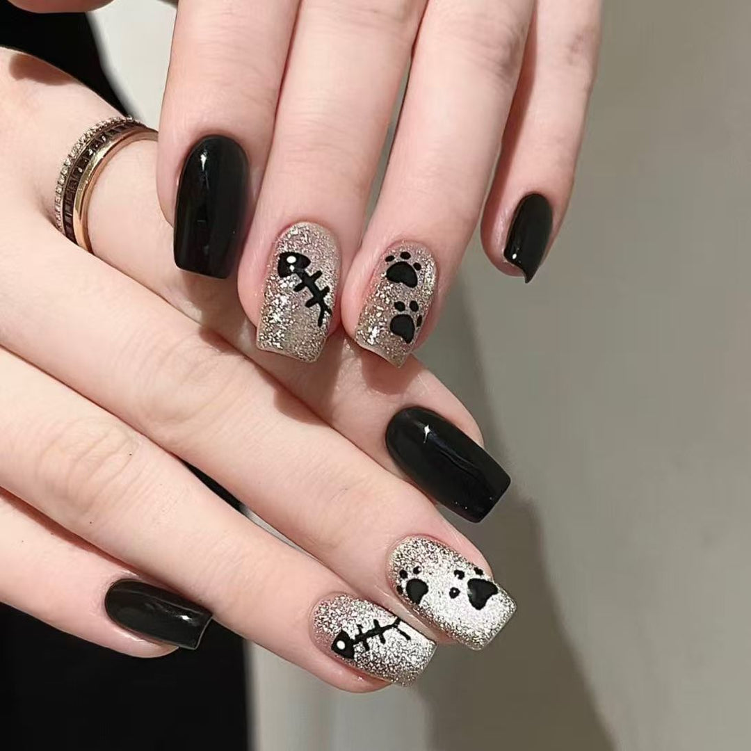 Stylish Press-On Nail Set with Animal Print and Gem Accents Stornfield