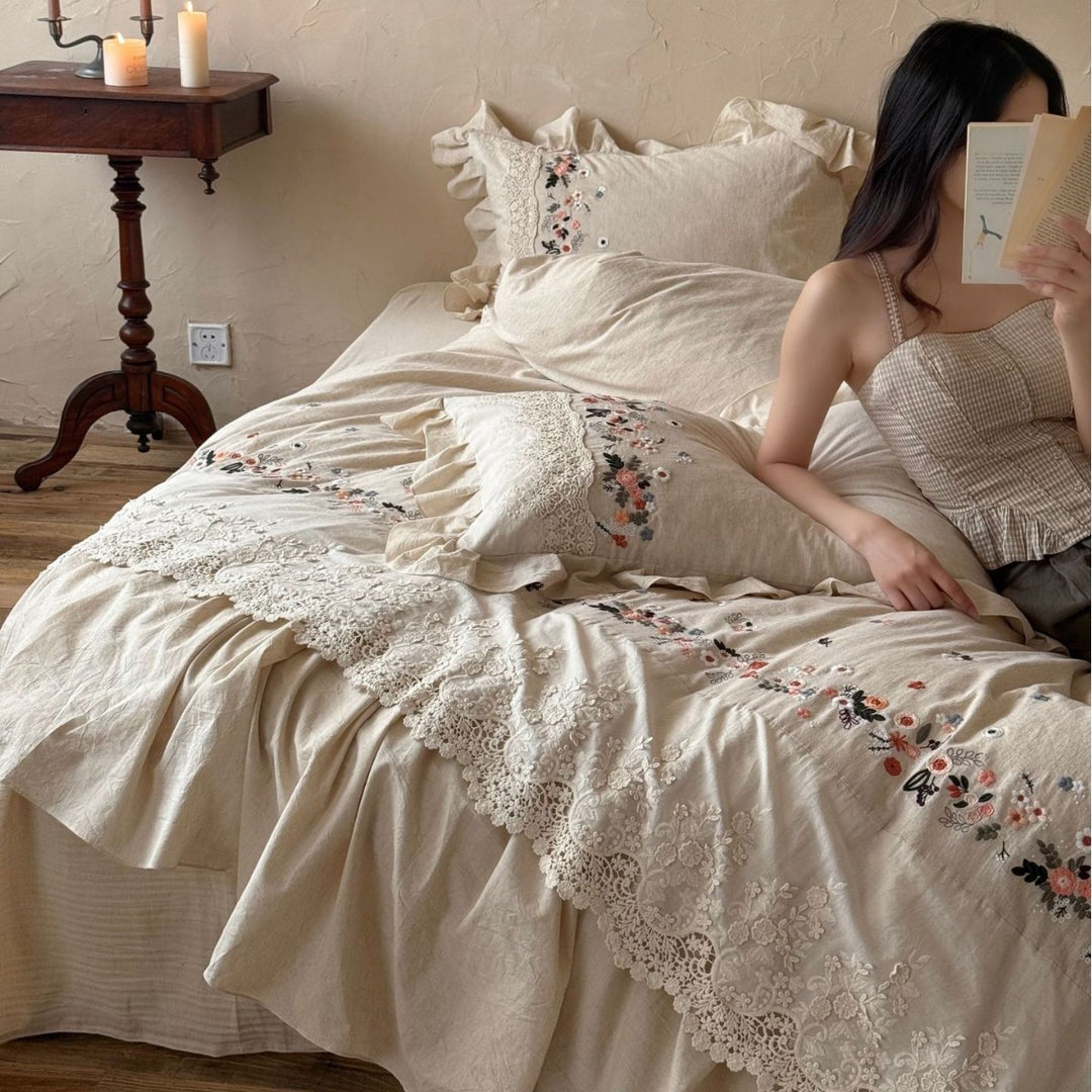 Embroidered Linen Ruffled Duvet Cover Set with Lace-Trim Pillow Shams