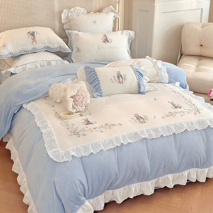 Embroidered Ruffled Duvet Cover Set with Decorative Shams and Bolster Pillow