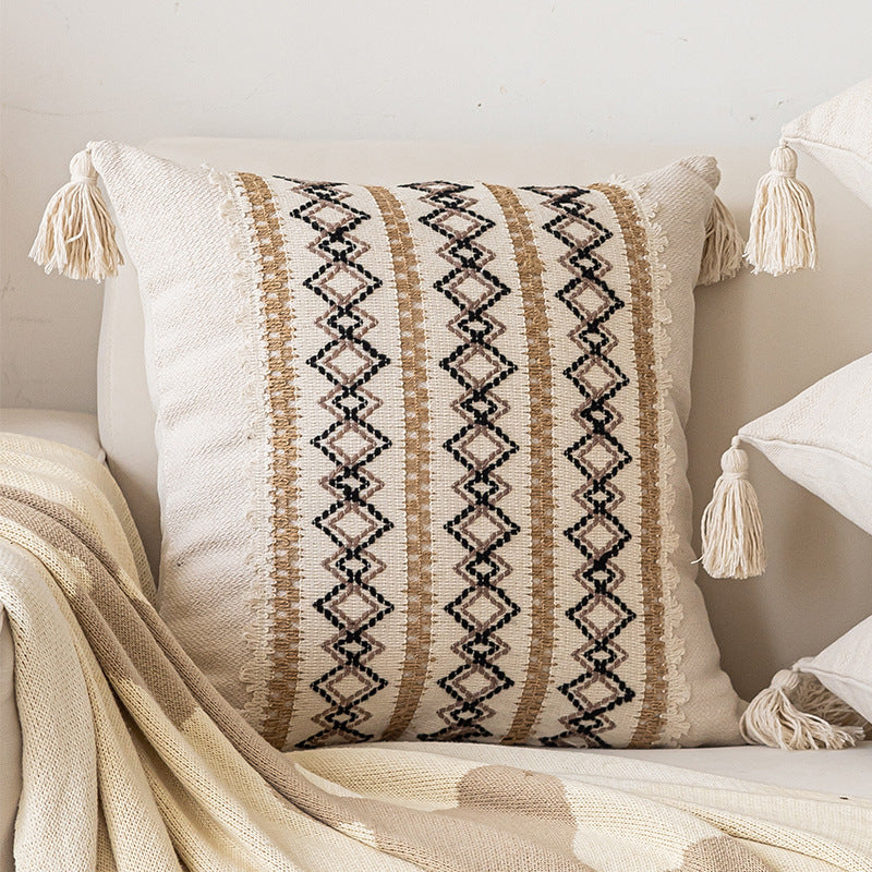Bohemian Woven Tassel Lumbar Throw Pillow with Jute Center