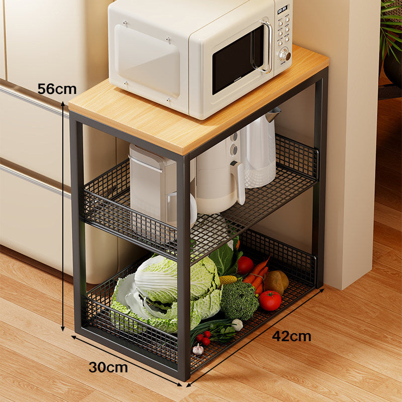 Narrow Bamboo-Top Rolling Kitchen Storage Trolley with Wire Basket Shelves