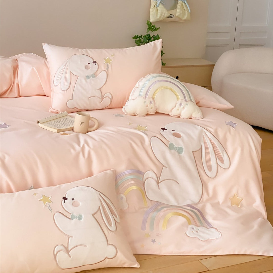 Children's Cotton Duvet Cover Set with Embroidered Bunny and Rainbow Appliqué