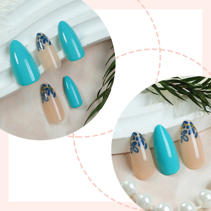Artistic Press-On Nail Set with Floral and Leaf Designs Stornfield