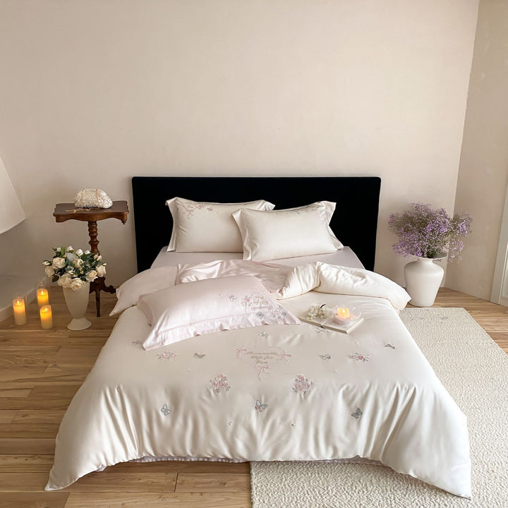 Silk-Feel Satin Embroidered Butterfly and Floral Duvet Cover Set with Pillowcases